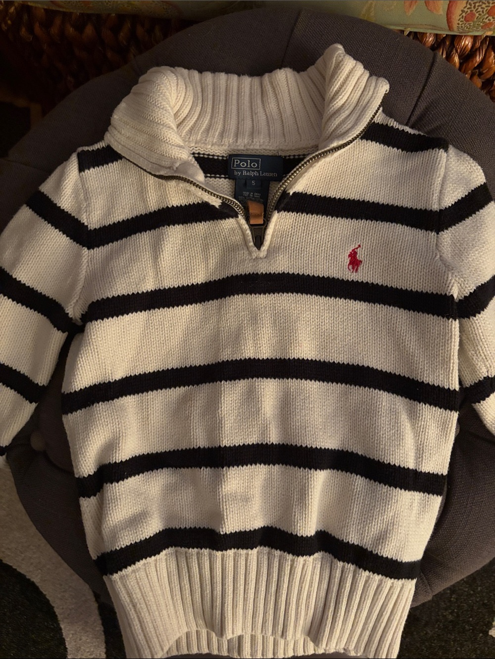 Polo by Ralph Lauren cream & navy Striped Half-Zip Sweater with Red Pony Logo